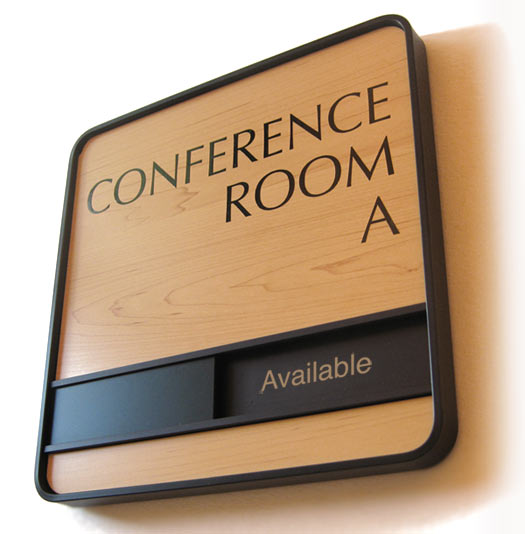 Rich Wood Tone Conference Room Slider Signs